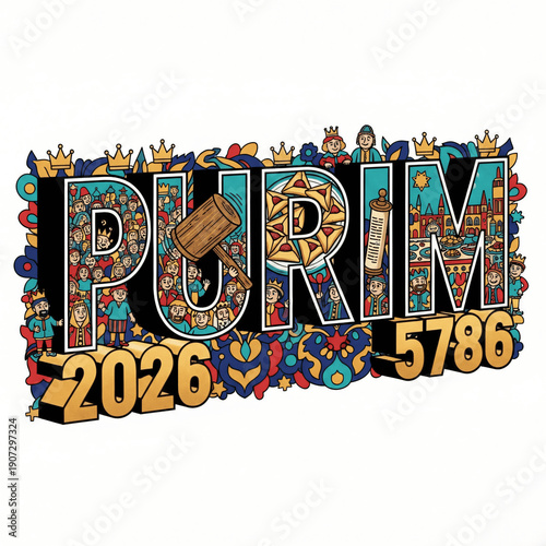 Purim 2026 5786 festive illustration with a colorful design on a transparent background.