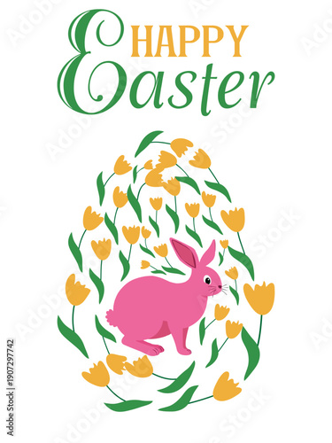 An Easter egg with a painted Easter bunny and floral designs. Kids egg games. He is risen, Happy Easter