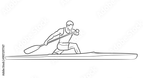 Male Kayaker Paddling Sport Canoe on Water, Isolated White Background