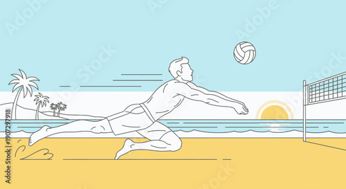 Dynamic male beach volleyball player diving for the ball on a sunny tropical beach with palm trees and ocean, active summer sport.