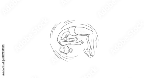 Female athlete performing a dynamic backflip somersault in a continuous line art style, isolated white background.