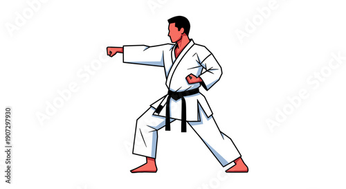 Focused male karate practitioner in a powerful stance, martial arts training, isolated white background.