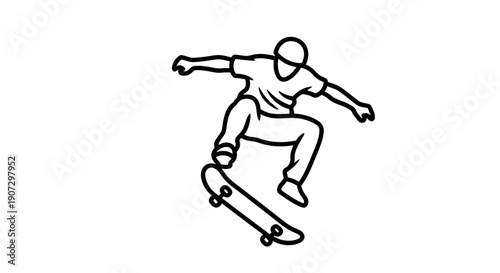 Energetic skater performing a trick on a skateboard, dynamic urban sport in continuous line art, isolated white background.