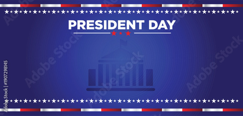 February 16 2026 is President's Day. America flag, star, White House and sparkle. Great for cards, banners, posters, social media and more. Dark blue background.
