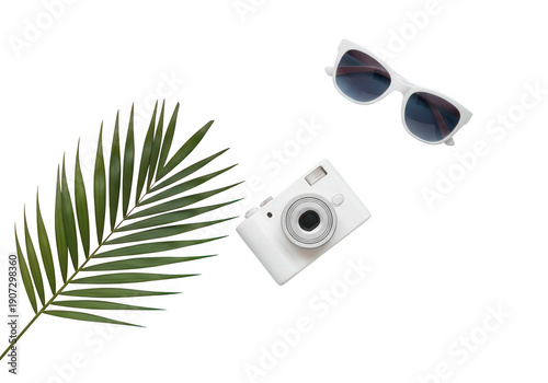 Tropical aesthetic with sunglasses and camera ideal for summer designs on transparent background