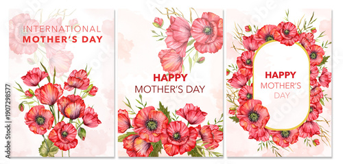 Mothers Day Card. Set of Posters for Mothers Day. Watercolor Flower design for Mothers Day Greeting Cards. Mothers Day background Templates with Floral Watercolor