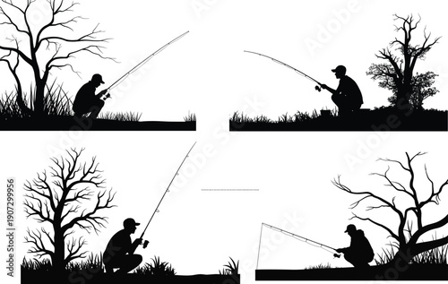 Fishing silhouettes angler men casting rods by river lake nature outdoor sport activity vector illustration isolated background white concept design