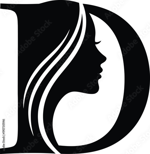 Female profile silhouette integrated into the letter D on white background