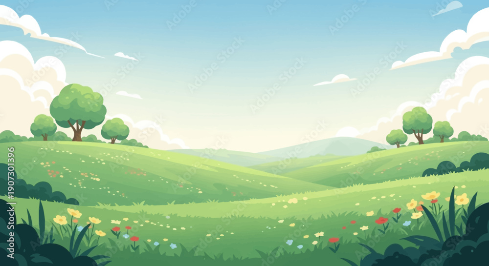 Naklejka premium cartoon landscape with green hills and grass soft colors simple shapes calm nature scene clean composition wide view stock illustration