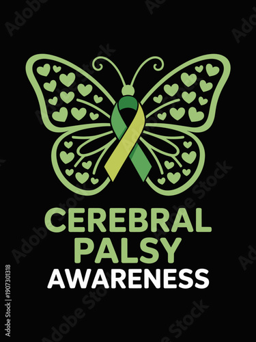 A green butterfly with heart-shaped patterns and a ribbon in the center symbolizes cerebral palsy awareness. The background is black, highlighting the design.