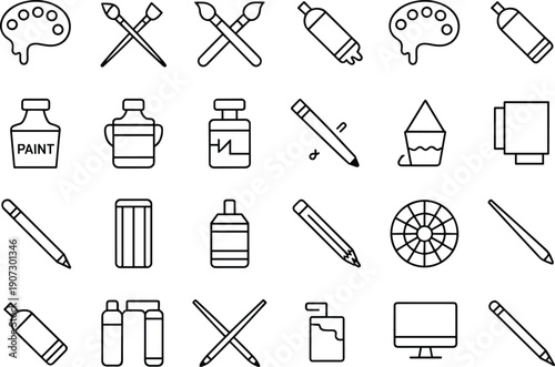 Graphic Design Art Tools Line Icon Set Featuring Painter Palettes Brushes Pencils Spray Cans Paint Jars and Creative Studio Equipment