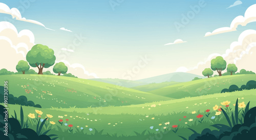 cartoon landscape with green hills and grass soft colors simple shapes calm nature scene clean composition wide view stock illustration