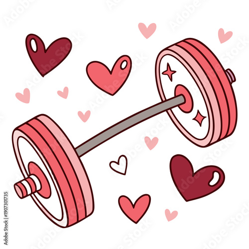 Valentine Barbell Gym – Cute Pink Weightlifting Barbell with Hearts, Fitness Workout Vector for Valentines Day, Romantic Strength Training Equipment Illustration, Love Gym Life Graphic Design & Sports