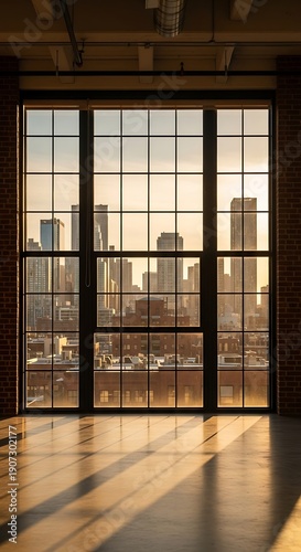 Large industrial style window frames a panoramic view of a distant urban landscape during sunset
