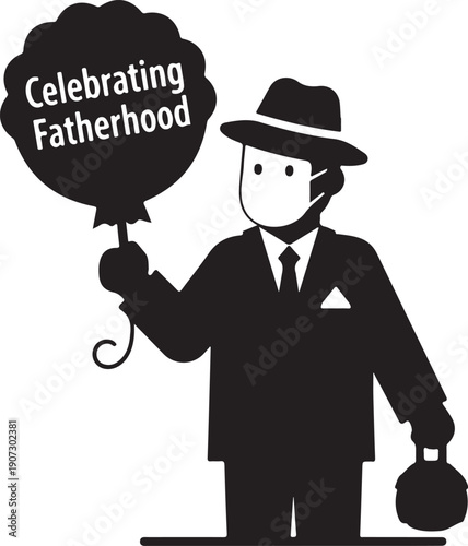 A man in a suit holding a balloon that says celebrating fatherhood.