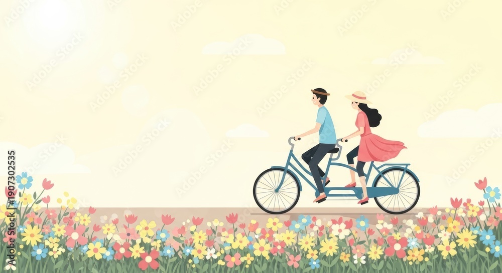 Fototapeta premium couple riding bicycle along flower-lined path, soft sunlight, flat minimal illustration, pastel palette