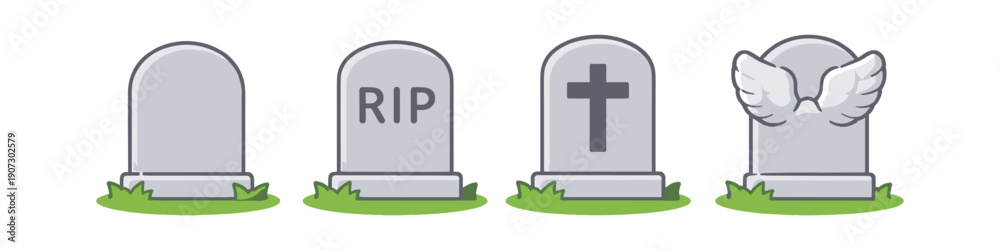 Obraz premium Set of four gravestones with different inscriptions and designs on a grassy background