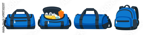 Collection of blue gym bags and backpack with sports equipment inside