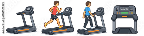 Set of treadmills showing different fitness activities and machine details