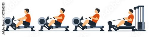 Man performing rowing exercise on machine, showing different stages of the movement