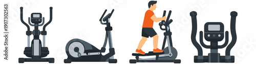 Collection of elliptical trainers, one with a person exercising, for fitness and cardio workouts