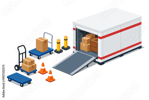 Loading and unloading cargo with trolleys and a delivery truck with ramp