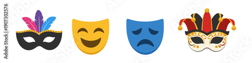 Collection of four distinct masks representing different themes and emotions for celebrations