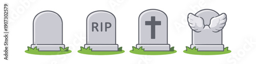 Set of four gravestones with different inscriptions and designs on a grassy background