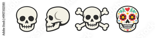 Collection of stylized skulls including a sugar skull and crossbones