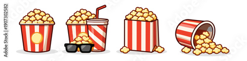 Movie night snacks: popcorn buckets, soda cup, and 3D glasses