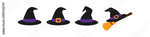 Four witch hats with purple bands and one on a broomstick, isolated on white