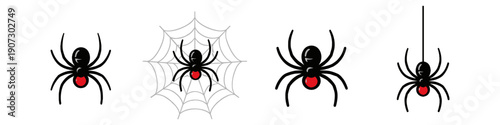 Set of four cartoon black widow spiders with red hourglass markings on white background