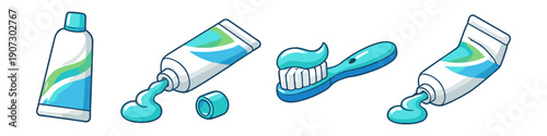 Set of cartoon toothpaste tubes and toothbrush with blue toothpaste