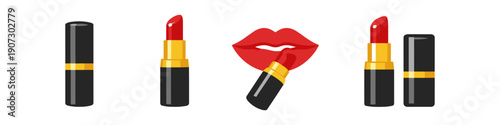 Collection of red lipsticks and a pair of red lips on a white background