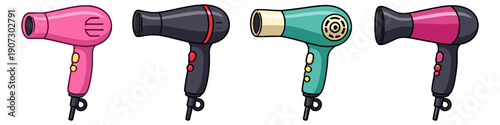 Collection of four colorful cartoon hair dryers on a white background