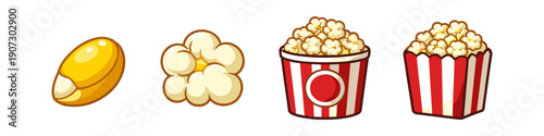Popcorn evolution from kernel to snack in striped buckets