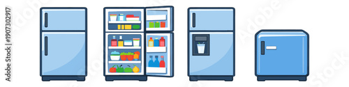 Collection of blue refrigerators in different styles and states of openness