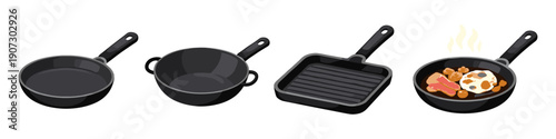 Collection of four different types of black cooking pans, including a frying pan, wok, and grill pan