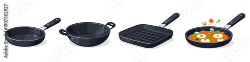 Collection of four different types of cooking pans and a frying pan with food