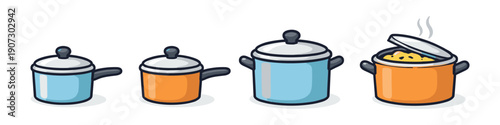 Collection of cartoon cooking pots and pans in various sizes and colors