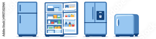 Collection of various blue refrigerators and freezers in a flat design style