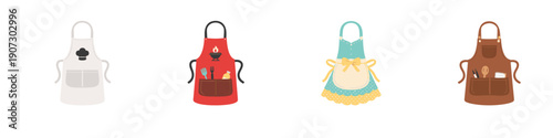 Collection of four different aprons with various designs and colors for cooking and baking