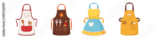 Collection of four diverse cartoon aprons for cooking, baking, and grilling