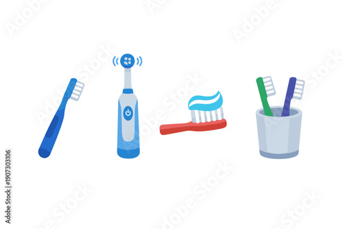Collection of toothbrushes, including electric and manual types with toothpaste