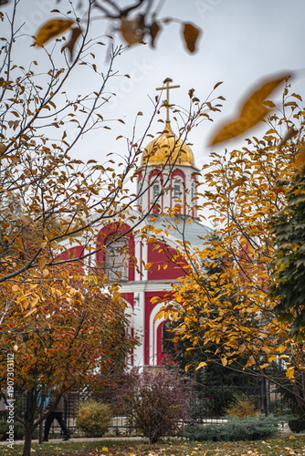 Autumn landscape with temple. Church of the Nativity of John the Baptist, Severny village, Belgorod region, Russia