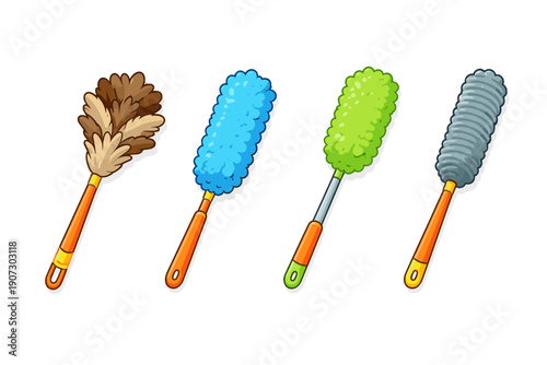 Collection of four colorful dusters with different textures and handles for cleaning