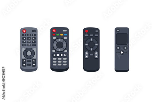 Collection of four different remote controls for electronic devices on a white background