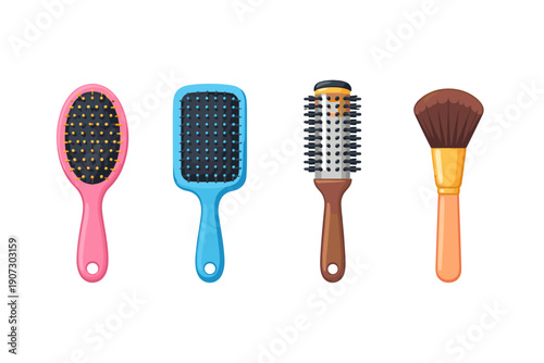 Collection of hair brushes and makeup brush isolated on white background