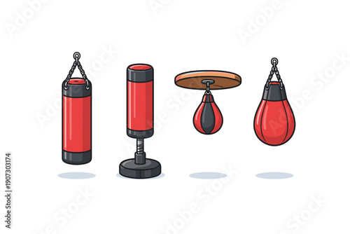 Collection of red boxing bags and speed bags for martial arts training and fitness