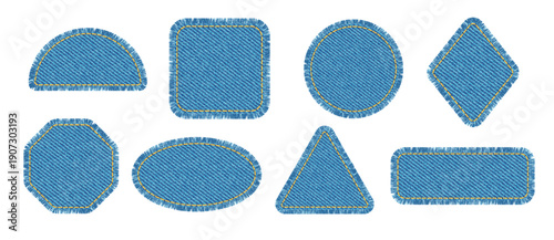 Geometric shapes with denim fabric texture, torn edges with threads and stitches. Blue jeans patches in shape of square, circle, triangle, oval and rectangle, vector illustration